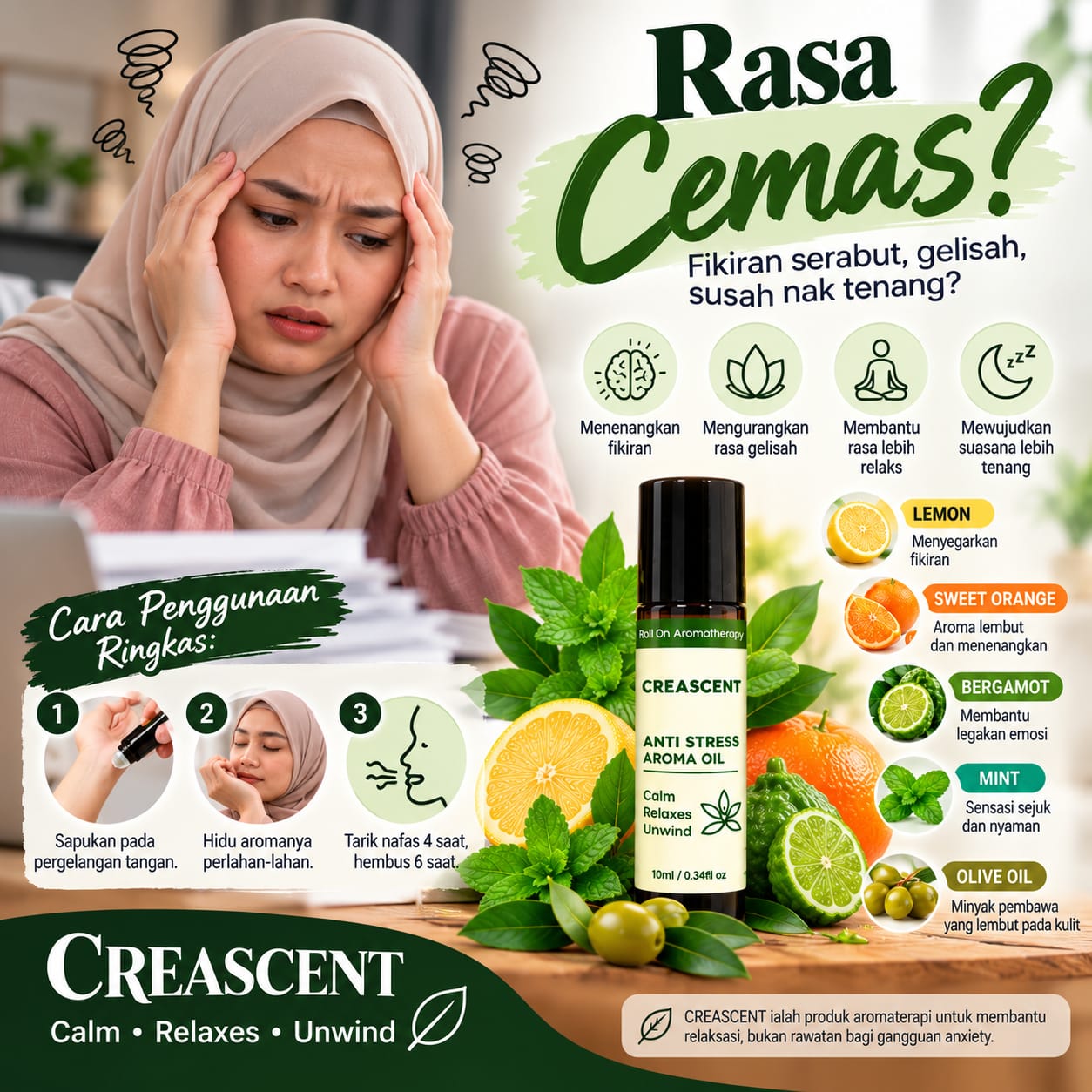 Poster CREASCENT: Rasa cemas? Fikiran serabut, gelisah, susah nak tenang