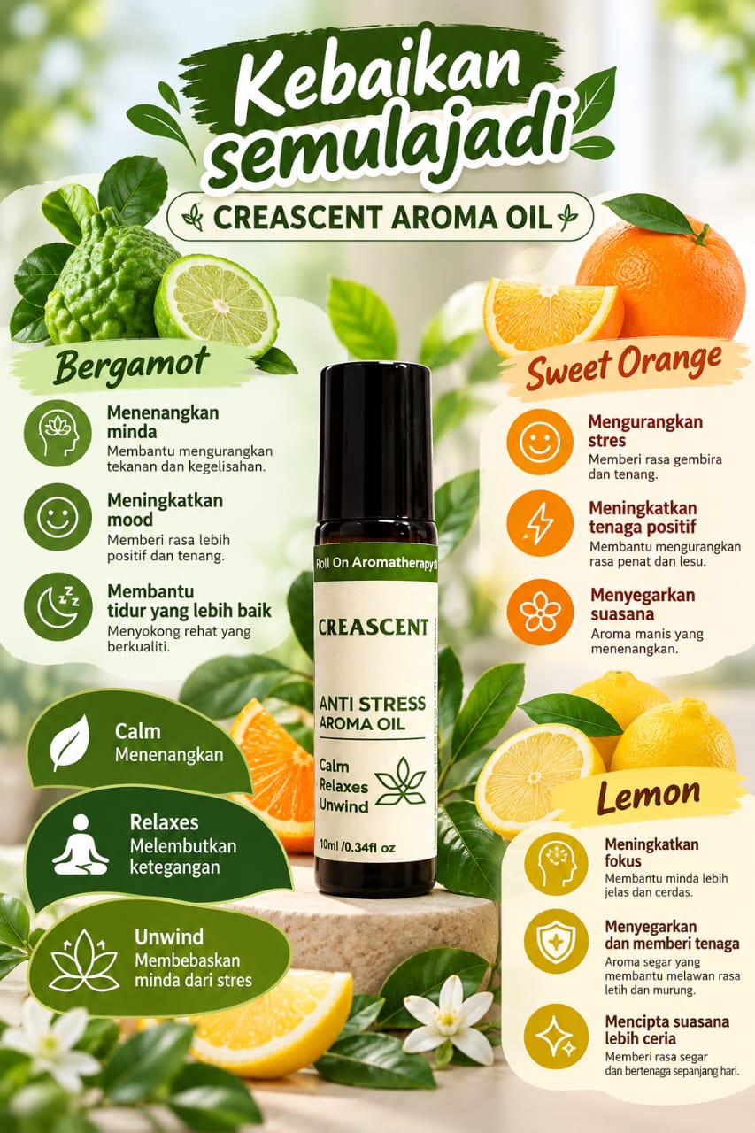 Poster Kebaikan semulajadi CREASCENT Aroma Oil: Bergamot, Sweet Orange dan Lemon